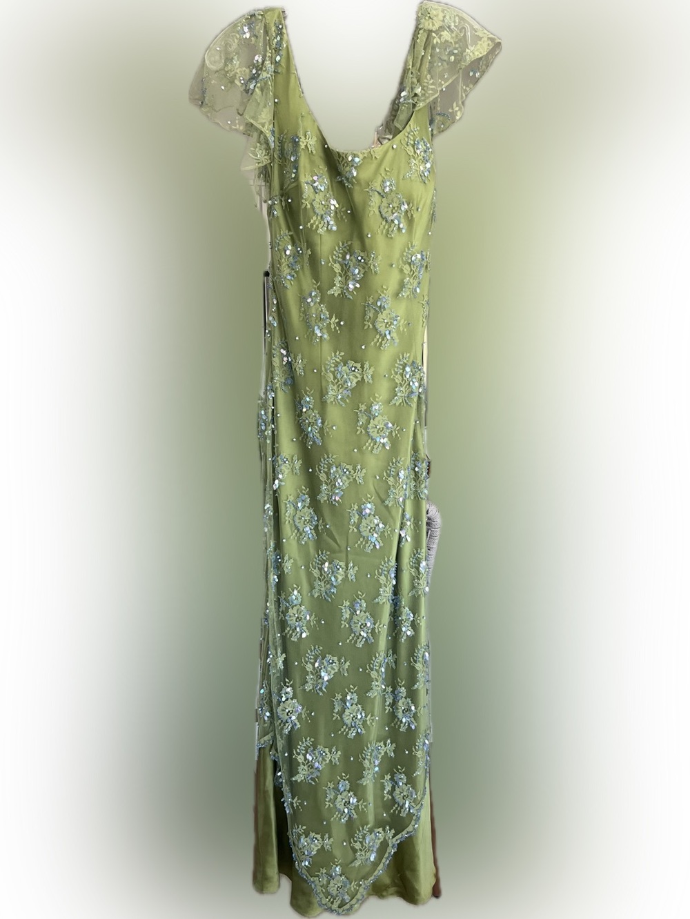 Victoria Royal Womens Silk Beaded Maxi Gown Size 10 Flutter Sleeves Fitted Green - Picture 2 of 13